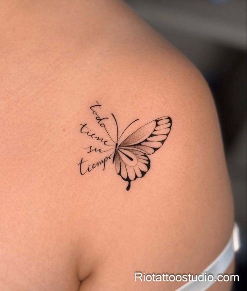 Smallest tattoos: "Todo tiene su tiempo" quote with butterfly on shoulder, tiny meaningful tattoo