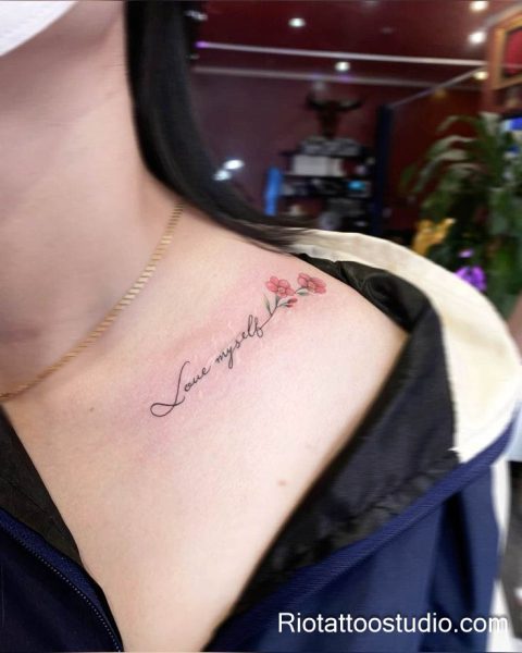 Smallest tattoos: "Love myself" script with tiny pink flowers on collarbone, feminine collarbone tattoo