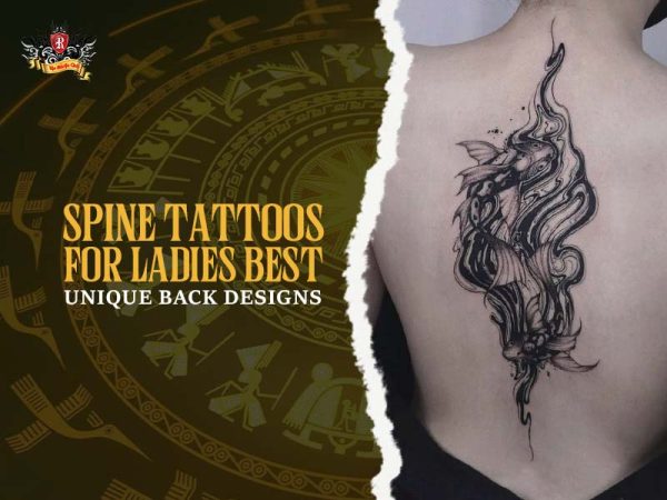 Unique feminine spine tattoo for ladies – flowing koi fish and smoke design on upper back