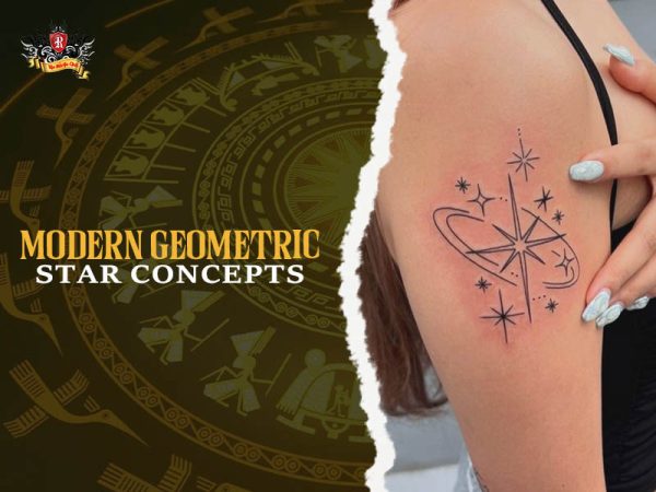 Modern geometric star tattoo with orbit lines on arm, minimalist star tattoo design