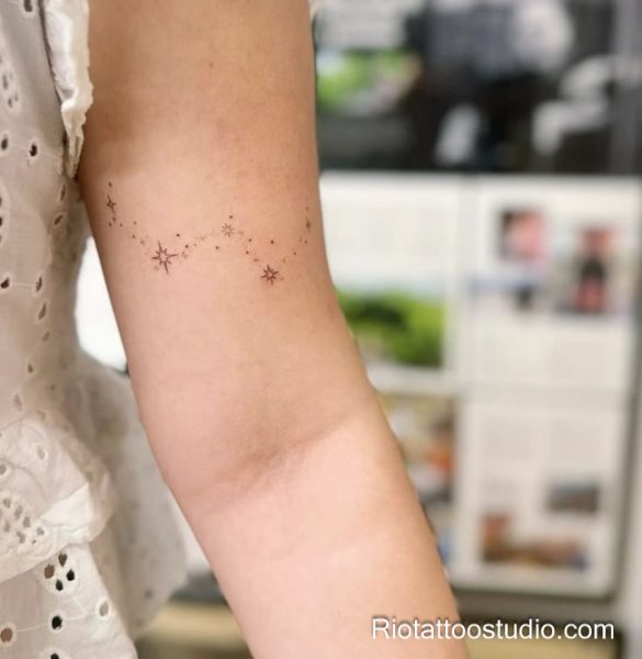 Sun moon constellation star tattoo on shoulder, elegant celestial star tattoo
