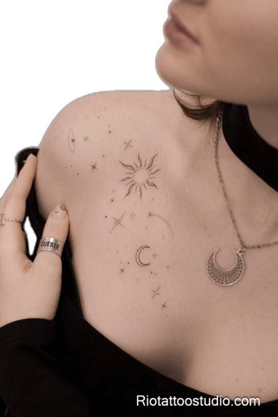 Constellation star tattoo with dotted lines on chest, elegant star tattoo idea