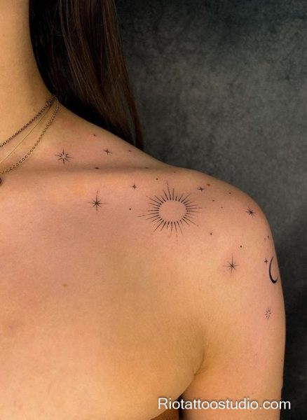 Sun moon stars constellation tattoo on shoulder, minimalist celestial star tattoo