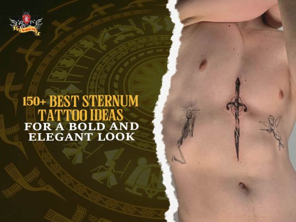 Symmetrical mandala sternum tattoo with butterfly moon script and stars on chest, meaningful fine line sternum tattoo