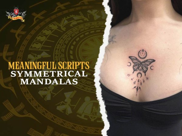 Bold sternum tattoo with sword angel devil balance on chest, powerful sternum tattoo ideas for elegant look