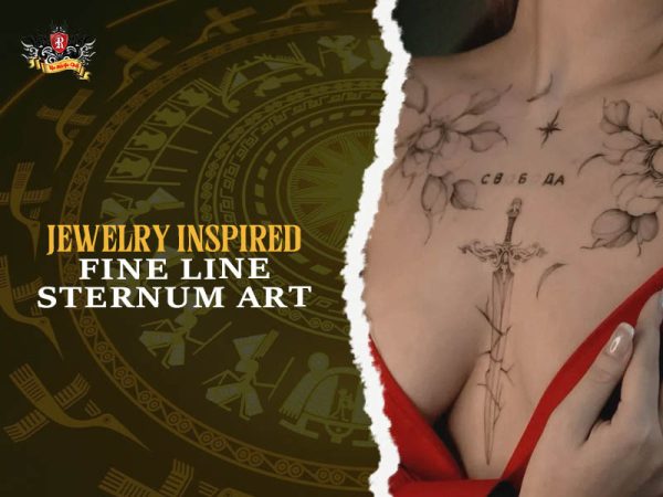 Jewelry inspired fine line sternum tattoo with sword and floral details on chest, elegant sternum tattoo for women