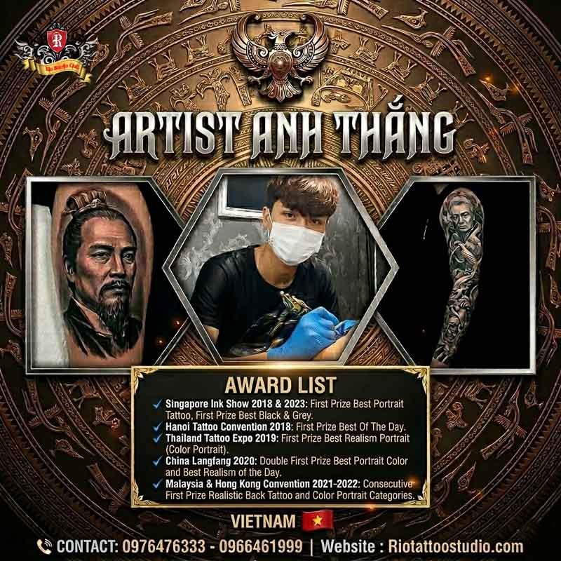 Award-winning master Artist Anh Thắng creating a realistic portrait tattoo at Rio Tattoo Studio