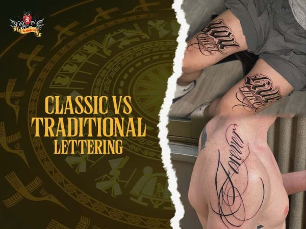 Classic vs traditional tattoo font lettering on arms, comparison tattoo lettering styles