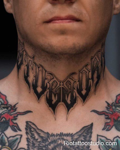 Intricate angular gothic tattoo font neck collar blackletter, detailed collar tattoo lettering