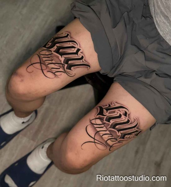 3D gothic tattoo font "Loyal" on thigh leg, shaded tattoo lettering