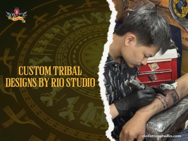 Custom tribal tattoo in progress – artist hand inking geometric pattern at Rio Tattoo Studio