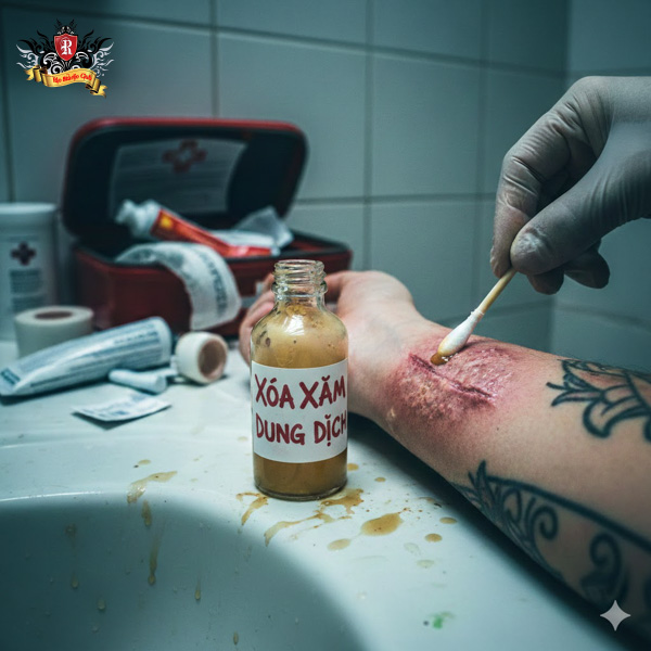 Cảnh báo nguy hiểm xóa xăm bằng dung dịch axit gây bỏng nặng, sẹo vĩnh viễn và tổn thương da không thể phục hồi.