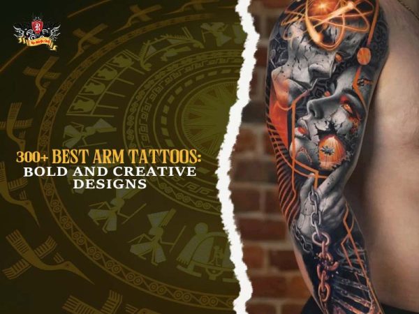 Surreal cracked face chain arm tattoos full sleeve orange accents, creative bold arm tattoo