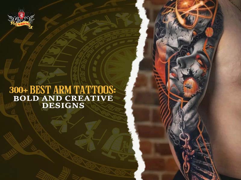 Surreal cracked face chain arm tattoo full sleeve orange accents, creative bold arm tattoo