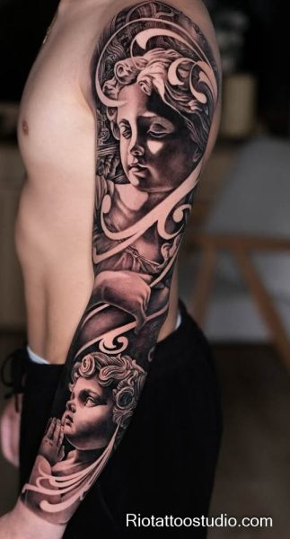 Realistic woman praying hands heart flowers full sleeve arm tattoo, emotional arm tattoo