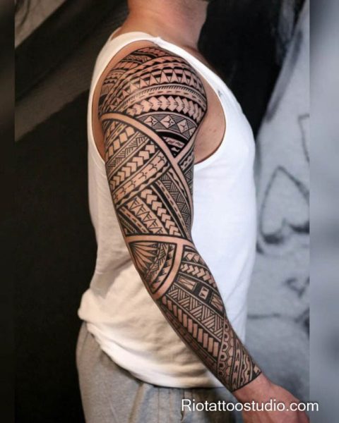 Polynesian tribal geometric full sleeve arm tattoo patterns, bold tribal arm tattoo