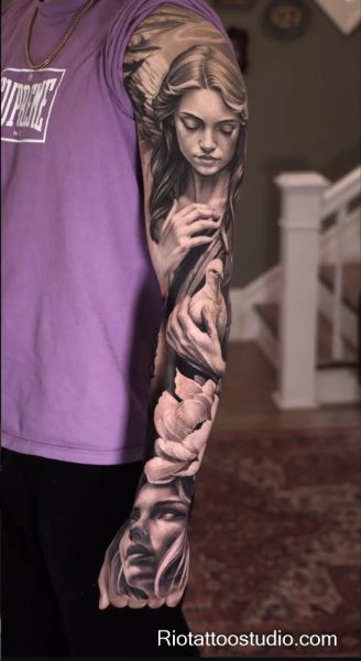 Realistic angel cross wings roses full sleeve arm tattoo floral, religious arm tattoo