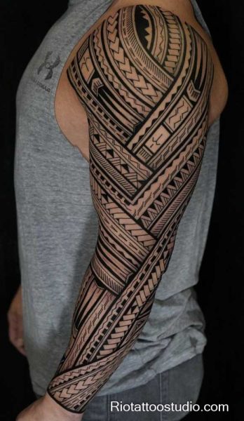 Polynesian tribal full sleeve arm tattoo chevrons braids warrior, bold Polynesian arm tattoo