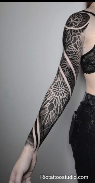 Blackwork geometric mandala sacred full sleeve arm tattoo spirals, intricate arm tattoo