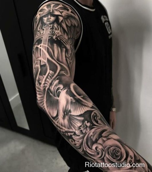 Realistic cherub angel full sleeve arm tattoo swirling ribbons, divine arm tattoo