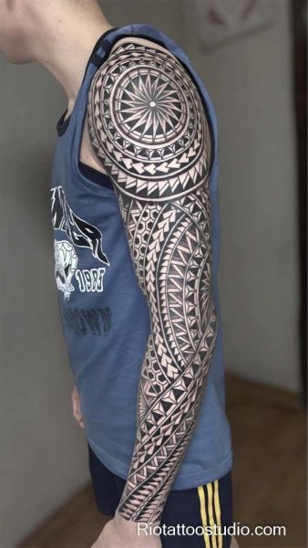 Polynesian tribal mandala sun full sleeve arm tattoo patterns, detailed tribal arm tattoo