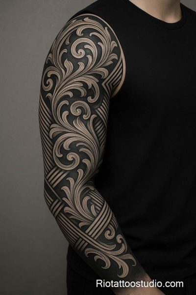 Ornate swirling geometric floral full sleeve arm tattoo black grey, creative arm tattoo