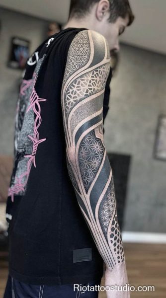 Modern sacred geometry full sleeve arm tattoo lines shading, artistic arm tattoo