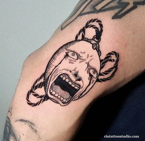 Berserk tattoo black linework screaming face ropes shoulder, dark berserk tattoo ideas