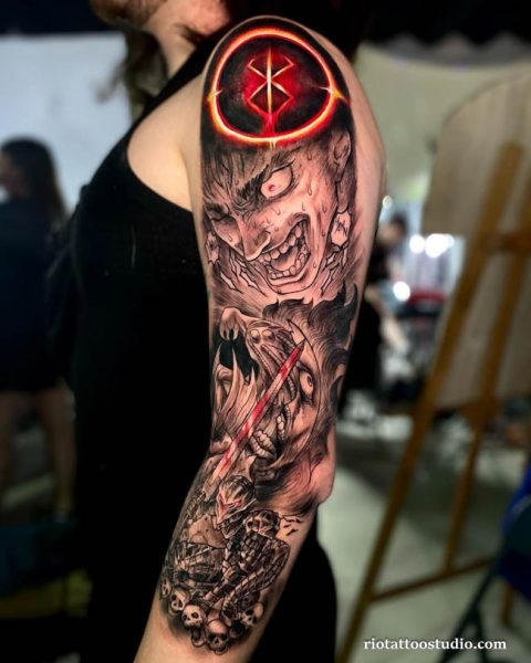 Berserk tattoo full sleeve Guts brand of sacrifice skulls red glow, dark berserk tattoo