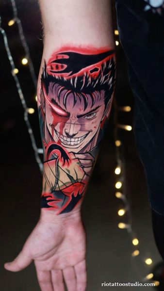 Berserk tattoo realistic hand female face eyes hair black grey, horror berserk tattoo ideas