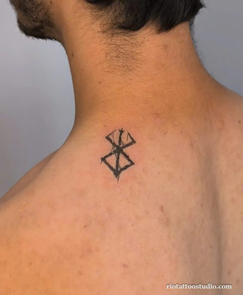Berserk tattoo brand of sacrifice neck small black, minimalist berserk tattoo