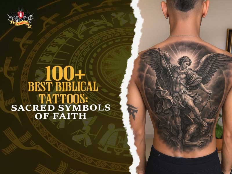 Realistic biblical tattoos of Archangel Michael defeating a demon, featured on a full outer arm sleeve.