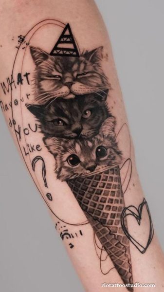 Cat tattoo ice cream cone whimsical blackwork arm funny cats, playful cat tattoo