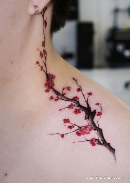 Watercolor cherry blossom shoulder arm tattoo pink branches, feminine cherry blossom tattoo