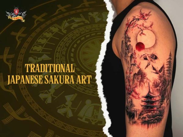 Traditional Japanese sakura temple moon shoulder arm tattoo, irezumi cherry blossom tattoo