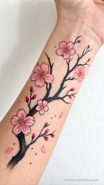 Vertical cherry blossom tree full back tattoo pink flowers, dramatic cherry blossom tattoo