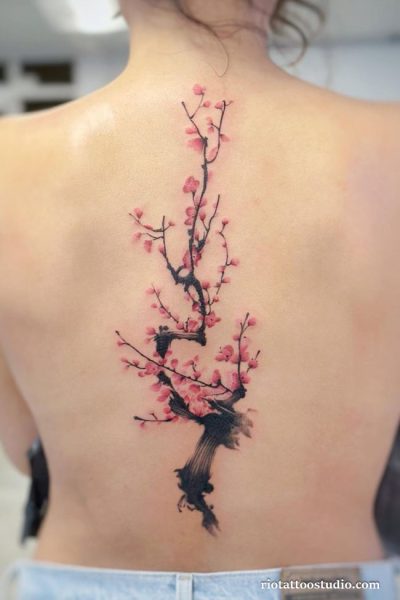Minimalist framed cherry blossom square forearm tattoo pink flowers, elegant cherry blossom tattoo