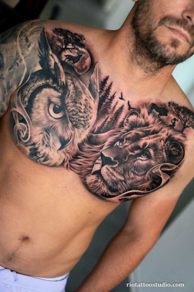 Symmetrical chest tattoo owl lion forest moon realistic black grey, powerful men's chest tattoo