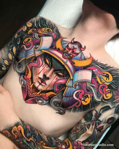 Men's chest tattoo samurai woman oni mask neo-traditional colorful, artistic chest tattoo