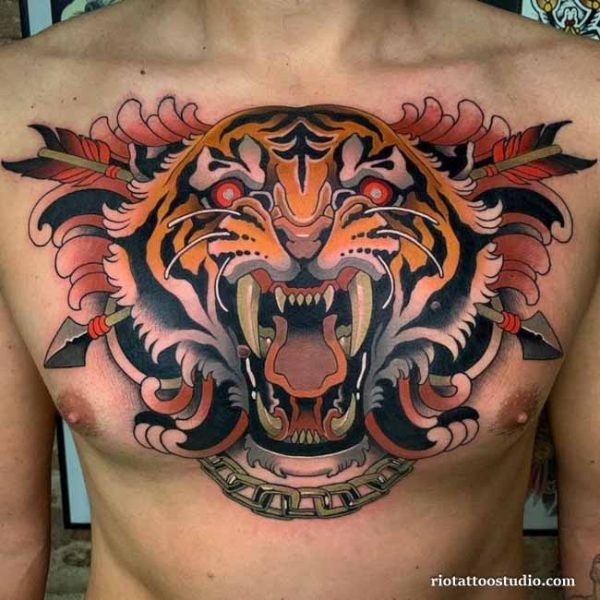 Men's chest tattoo tiger head arrows chains traditional colorful, fierce chest tattoo