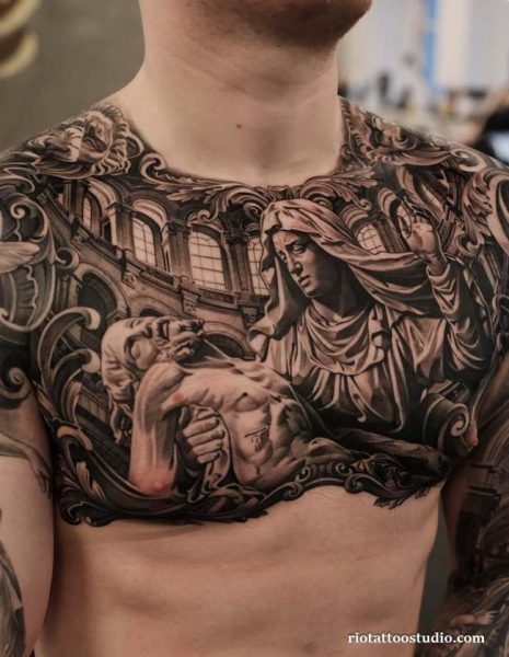 Men's chest tattoo realistic veiled woman dying man architecture black grey, dramatic chest tattoo