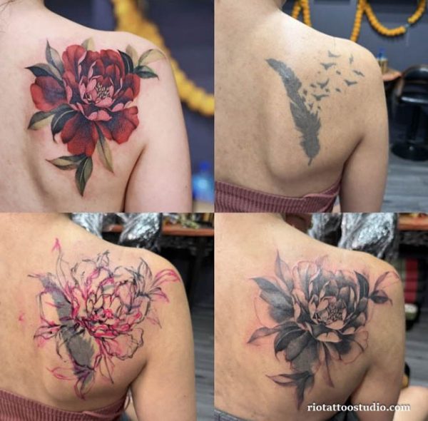 Cover up tattoo before after old script to red peony shoulder, beautiful cover up tattoo