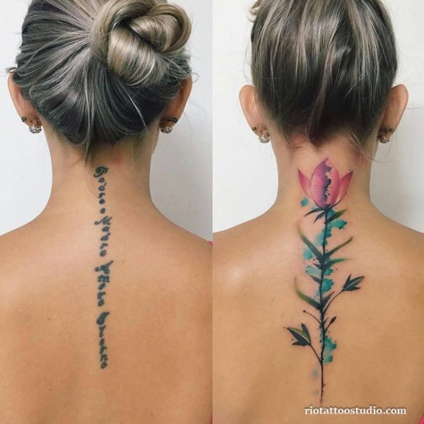 Cover up tattoo before after script text to pink lotus neck back, graceful cover up tattoo