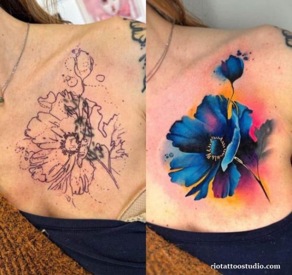 Cover up tattoo before after outline poppy to blue watercolor poppy chest, artistic cover up tattoo