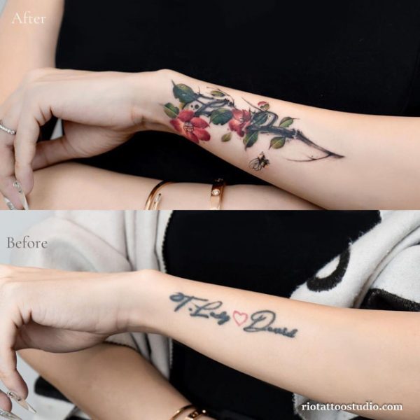Cover up tattoo before after name script to floral branch forearm, delicate cover up tattoo