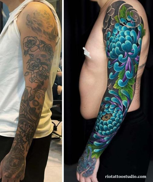 Cover up tattoo before after skull roses to blue chrysanthemum arm sleeve, epic cover up tattoo