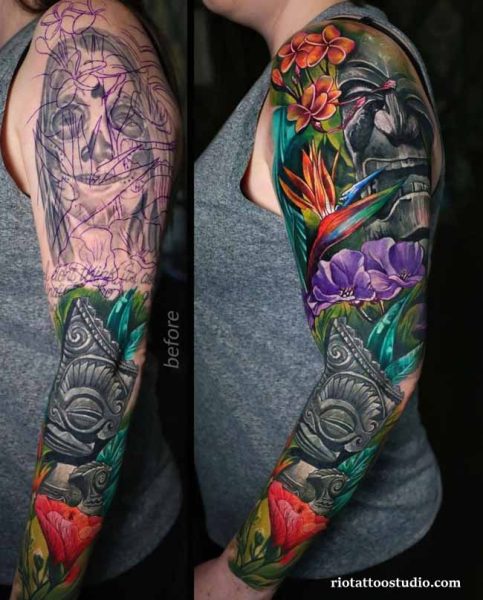 Cover up tattoo before after skull script to tropical flowers tiki arm sleeve, vibrant cover up tattoo