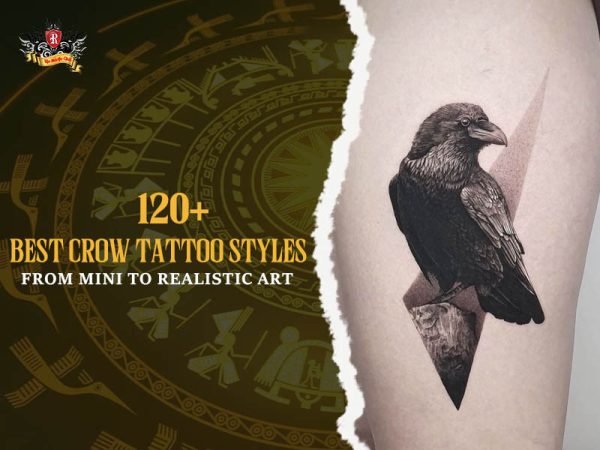 Realistic crow tattoo perched on wood with geometric background on thigh, detailed crow tattoo ideas