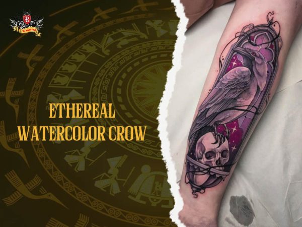 Watercolor crow tattoo with skull and purple frame on forearm, ethereal crow tattoo ideas