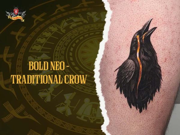 Neo traditional crow tattoo with orange accents and open beak on leg, bold crow tattoo ideas